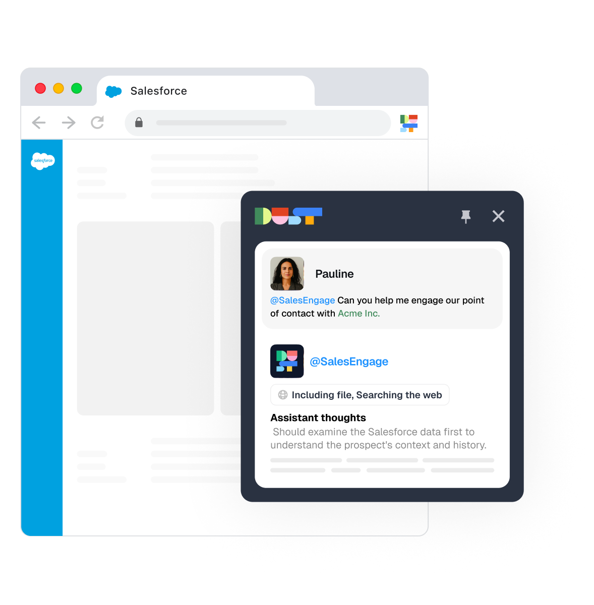 Chrome extension preview showing Dust AI assistant in browser